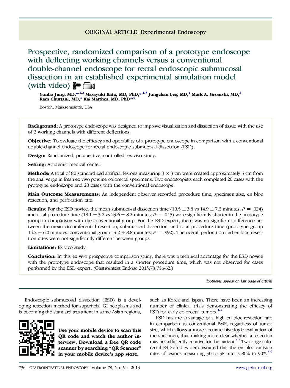 Prospective, randomized comparison of a prototype endoscope with deflecting working channels versus a conventional double-channel endoscope for rectal endoscopic submucosal dissection in an established experimental simulation model (with video) 