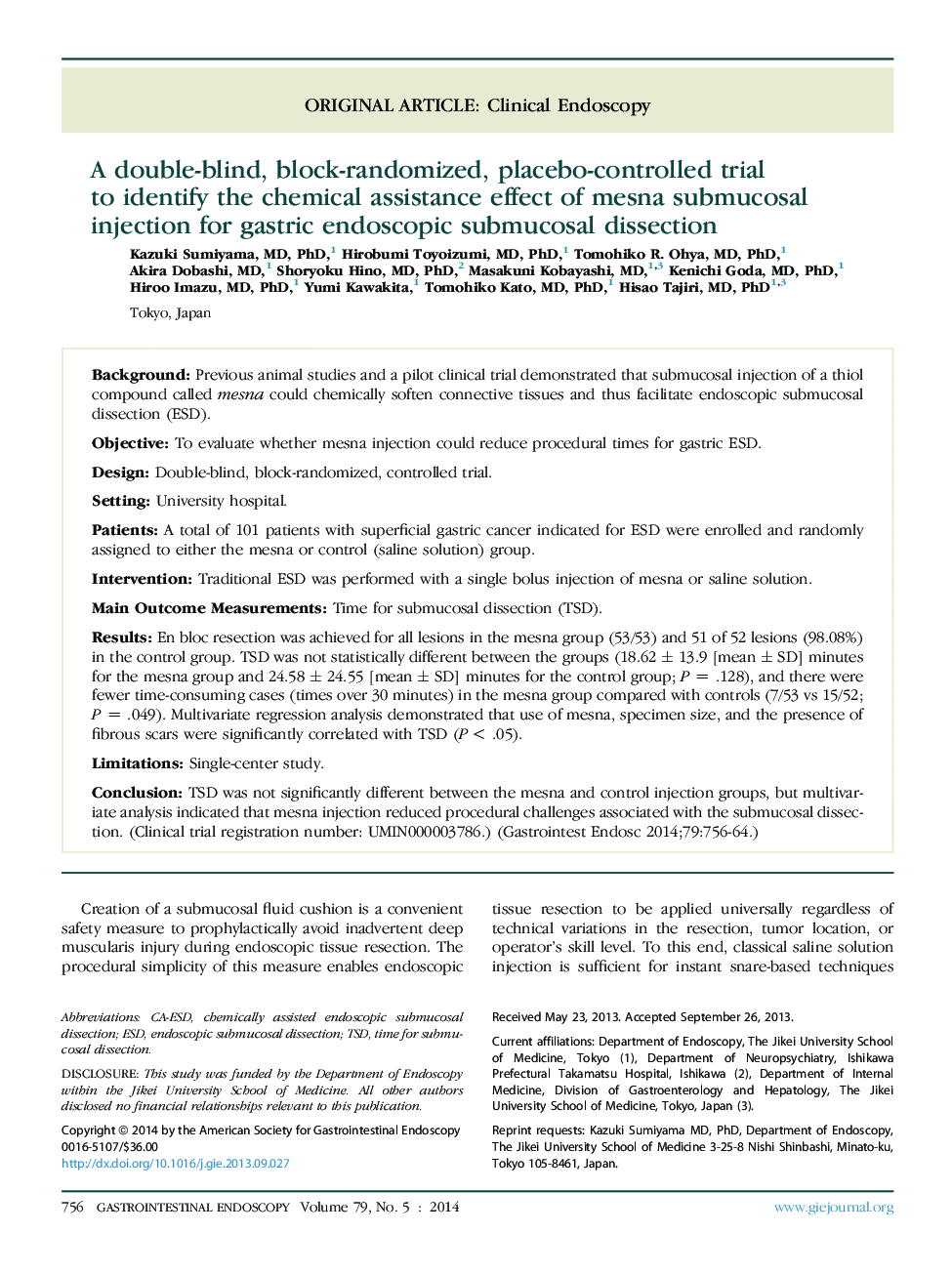 A double-blind, block-randomized, placebo-controlled trial to identify the chemical assistance effect of mesna submucosal injection for gastric endoscopic submucosal dissection 