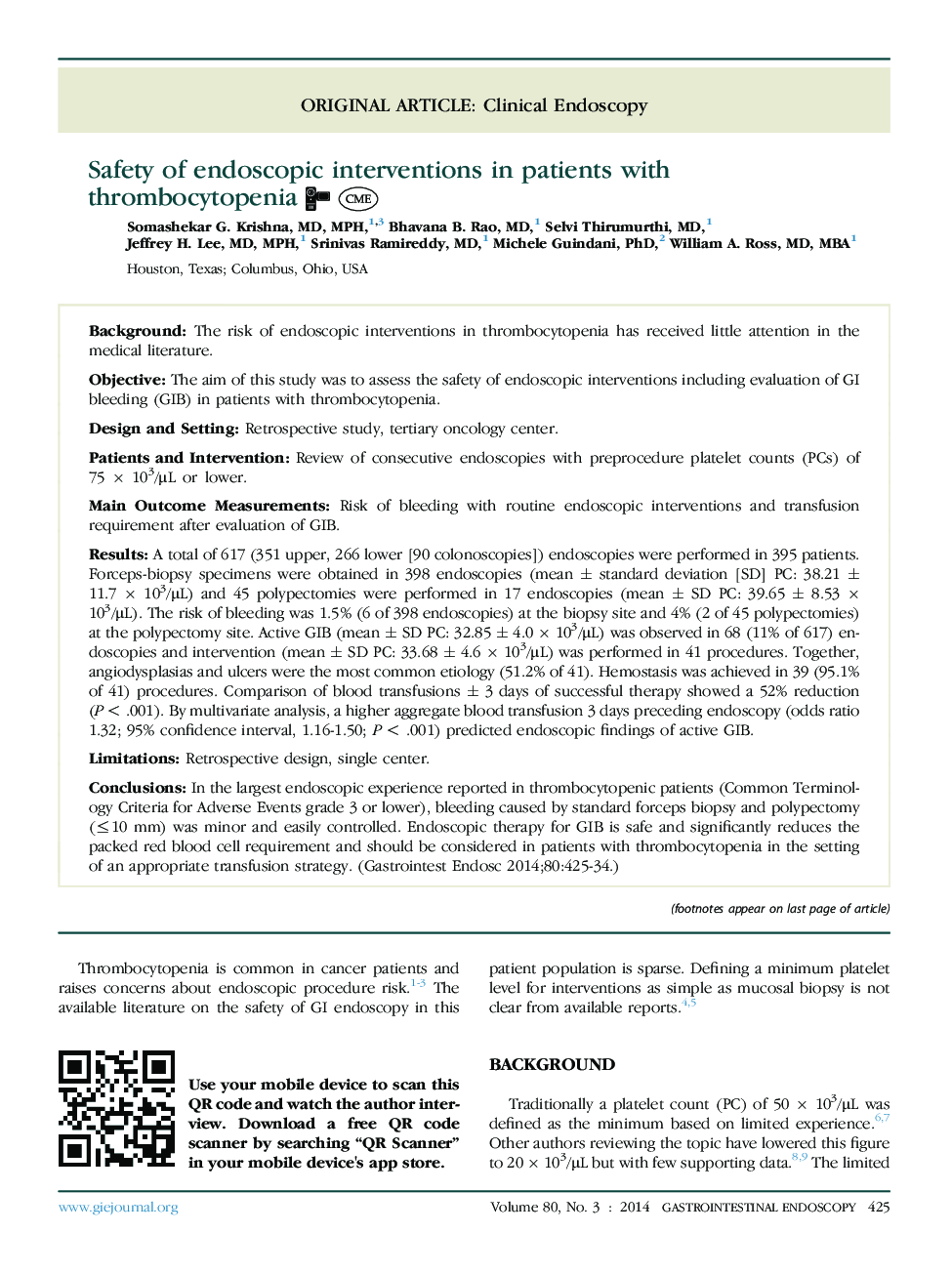 Safety of endoscopic interventions in patients with thrombocytopenia 