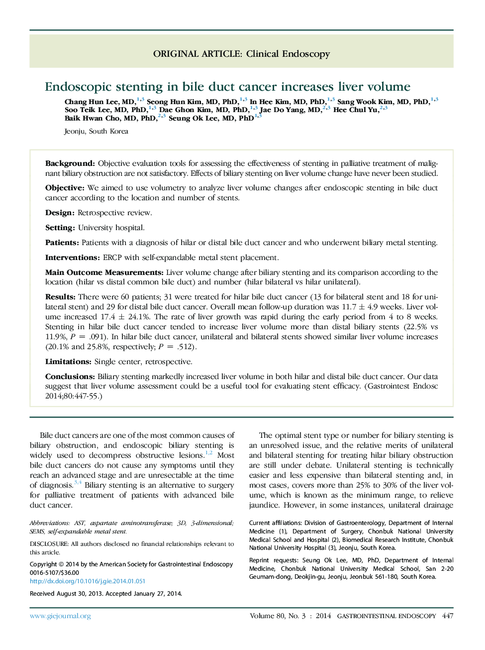 Endoscopic stenting in bile duct cancer increases liver volume 