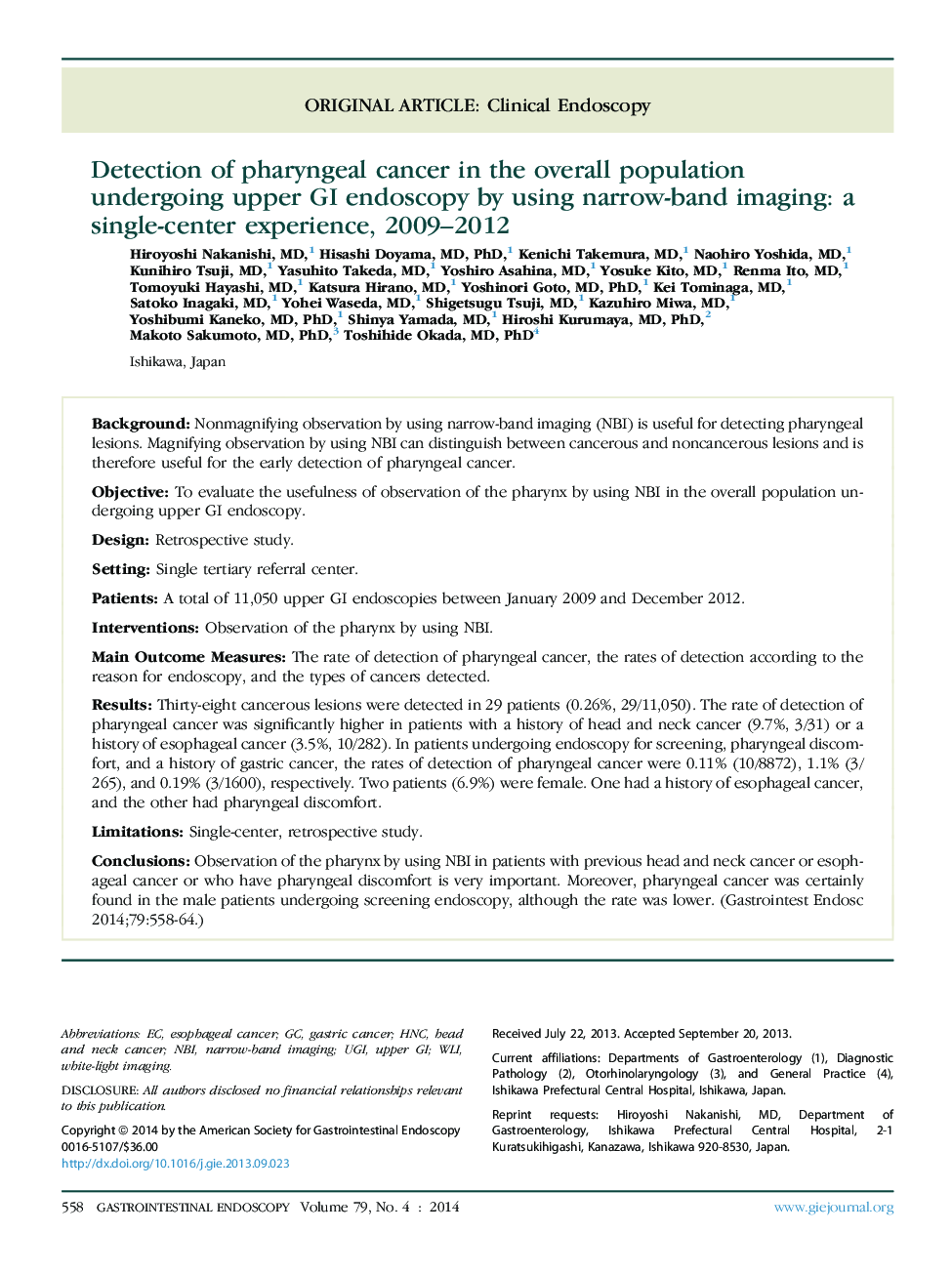 Detection of pharyngeal cancer in the overall population undergoing upper GI endoscopy by using narrow-band imaging: a single-center experience, 2009–2012 