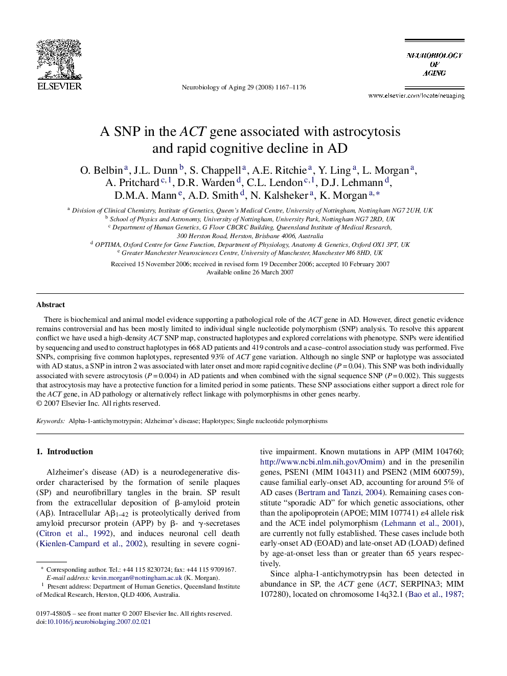 A SNP in the ACT gene associated with astrocytosis and rapid cognitive decline in AD