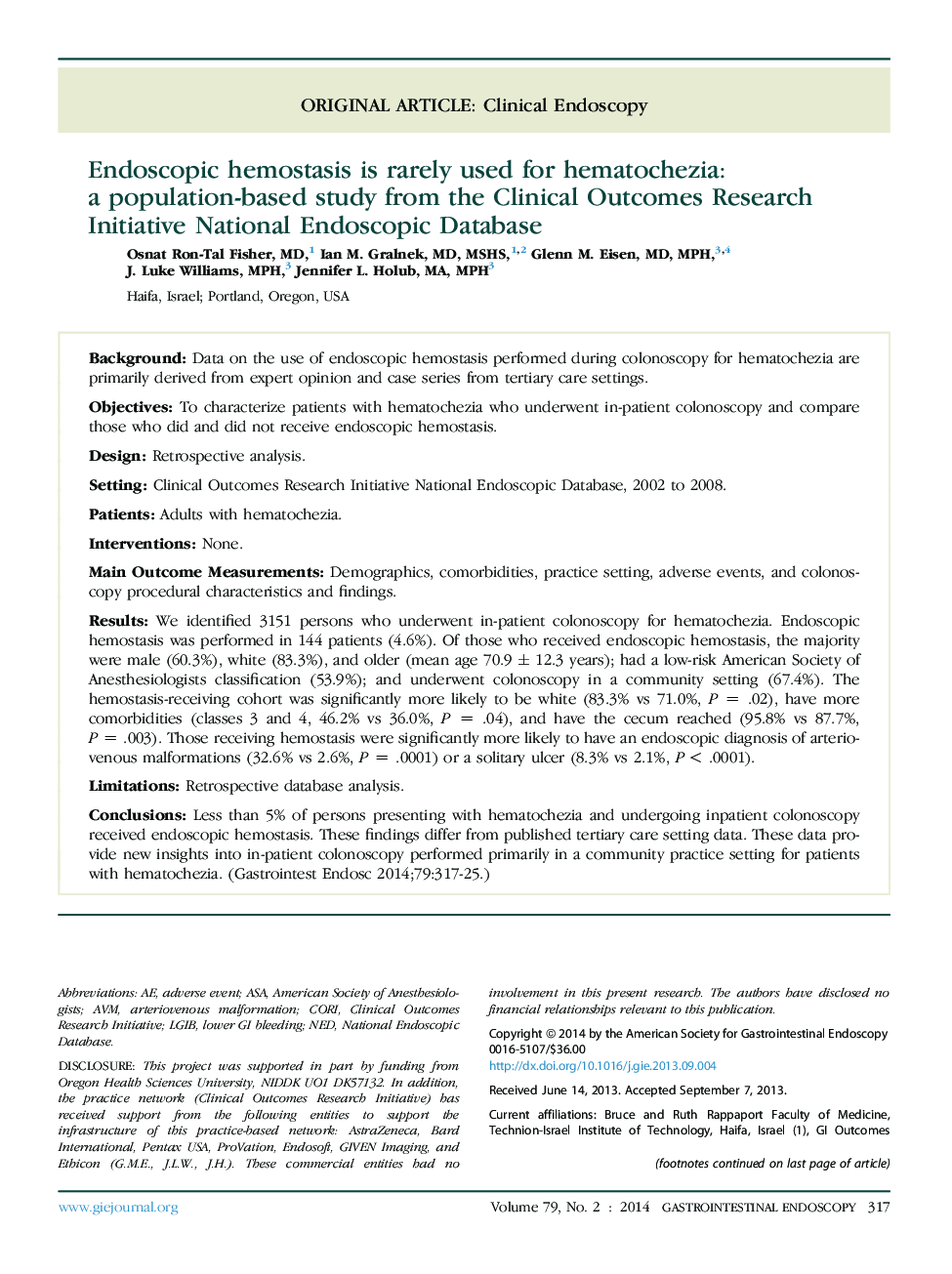 Endoscopic hemostasis is rarely used for hematochezia: a population-based study from the Clinical Outcomes Research Initiative National Endoscopic Database 