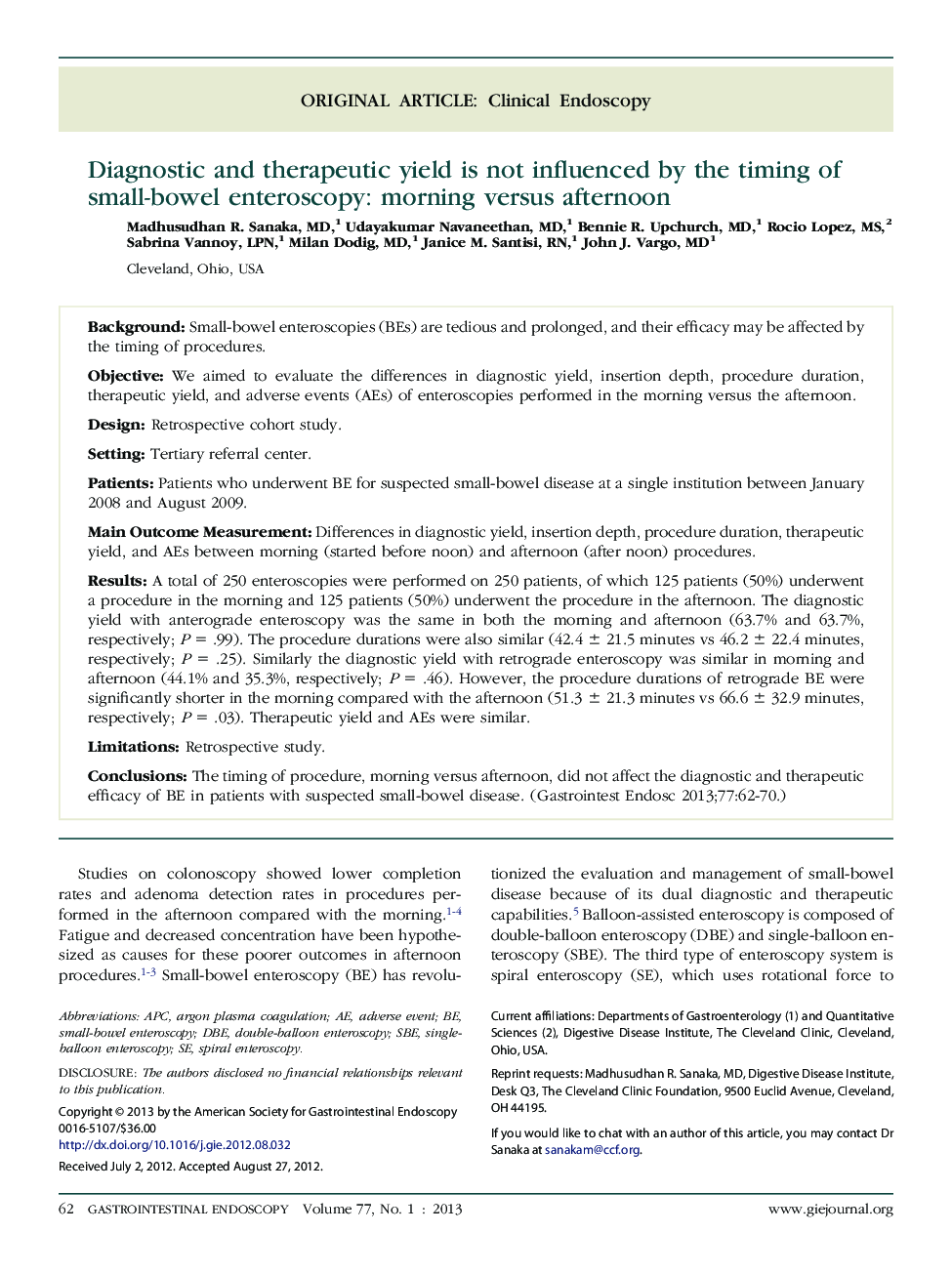 Diagnostic and therapeutic yield is not influenced by the timing of small-bowel enteroscopy: morning versus afternoon