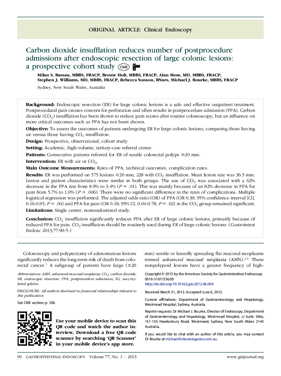 Carbon dioxide insufflation reduces number of postprocedure admissions after endoscopic resection of large colonic lesions: a prospective cohort study 