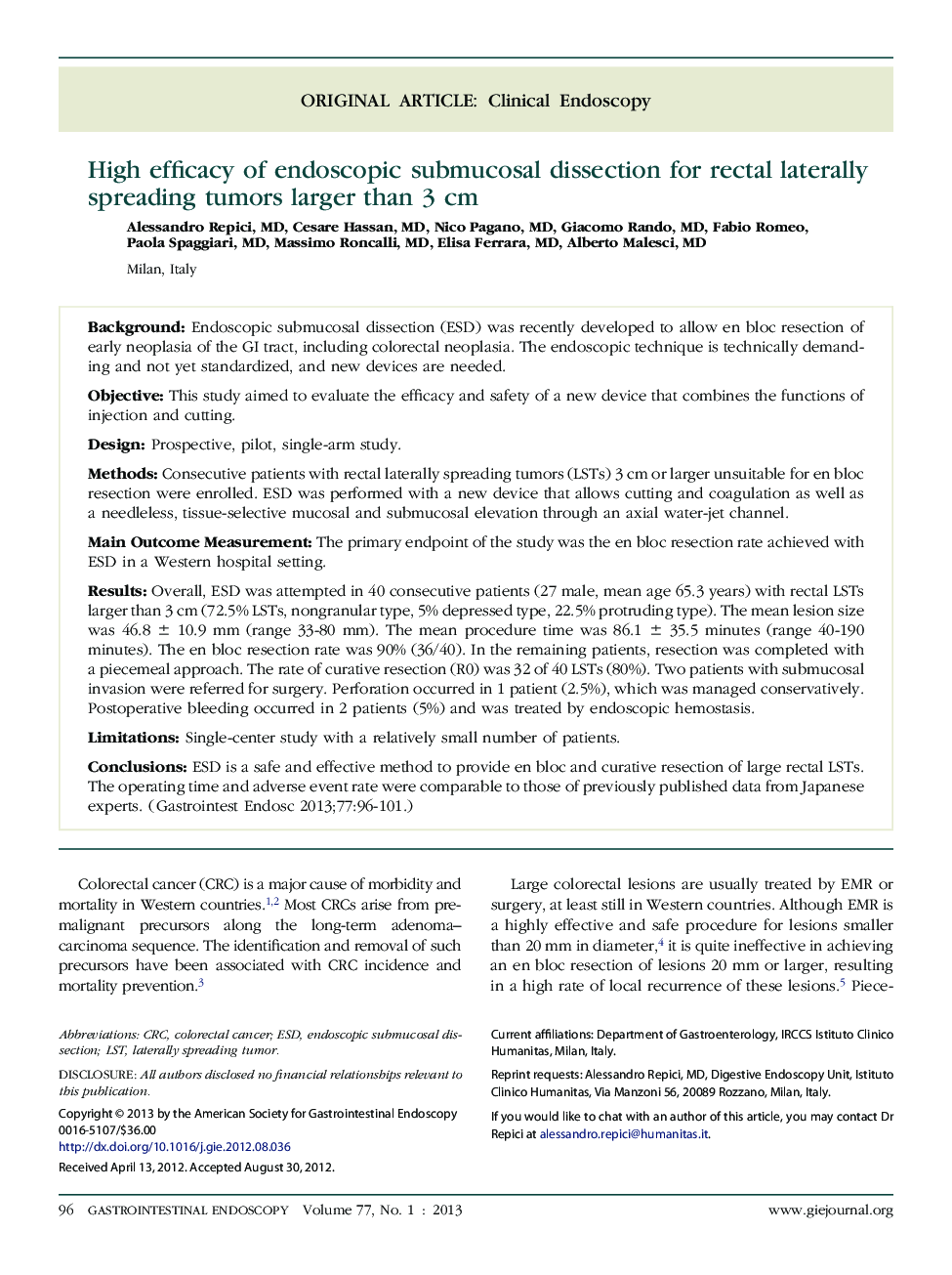 High efficacy of endoscopic submucosal dissection for rectal laterally spreading tumors larger than 3 cm 