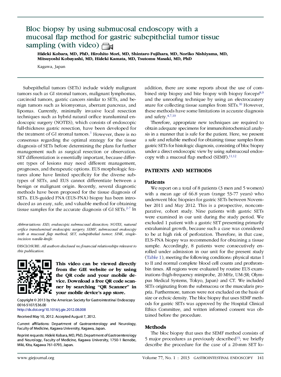 Bloc biopsy by using submucosal endoscopy with a mucosal flap method for gastric subepithelial tumor tissue sampling (with video)