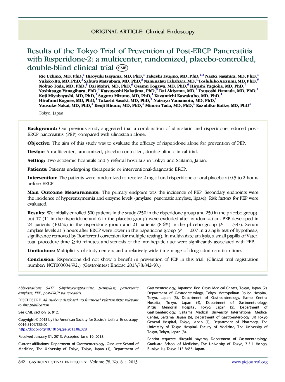 Results of the Tokyo Trial of Prevention of Post-ERCP Pancreatitis with Risperidone-2: a multicenter, randomized, placebo-controlled, double-blind clinical trial 