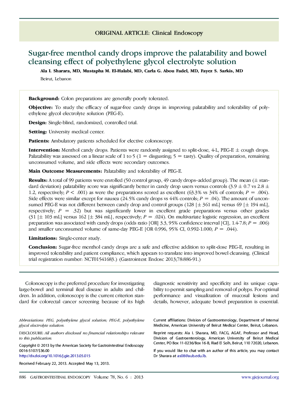 Sugar-free menthol candy drops improve the palatability and bowel cleansing effect of polyethylene glycol electrolyte solution 