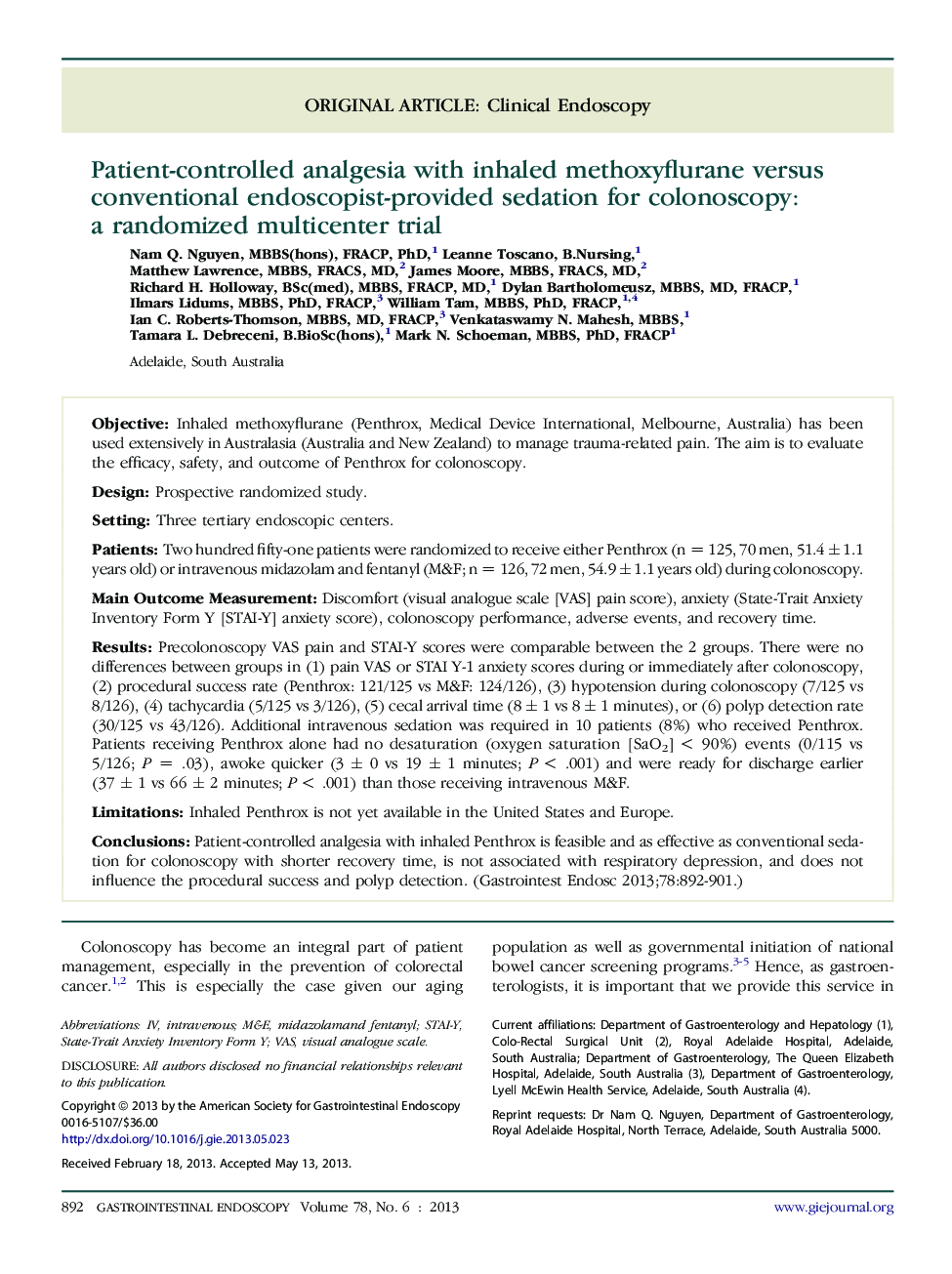 Patient-controlled analgesia with inhaled methoxyflurane versus conventional endoscopist-provided sedation for colonoscopy: a randomized multicenter trial 