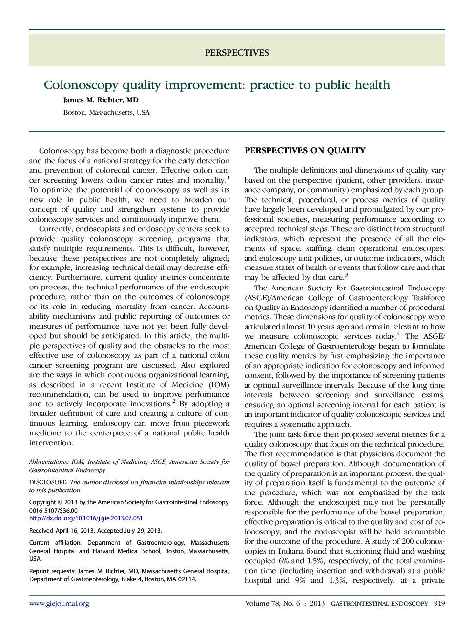 Colonoscopy quality improvement: practice to public health