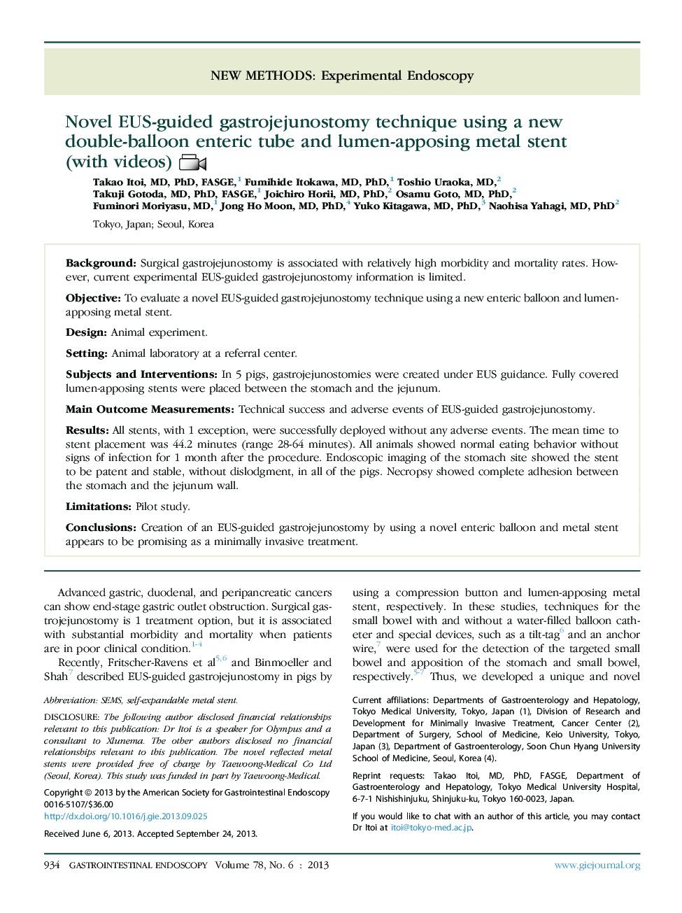 Novel EUS-guided gastrojejunostomy technique using a new double-balloon enteric tube and lumen-apposing metal stent (with videos) 