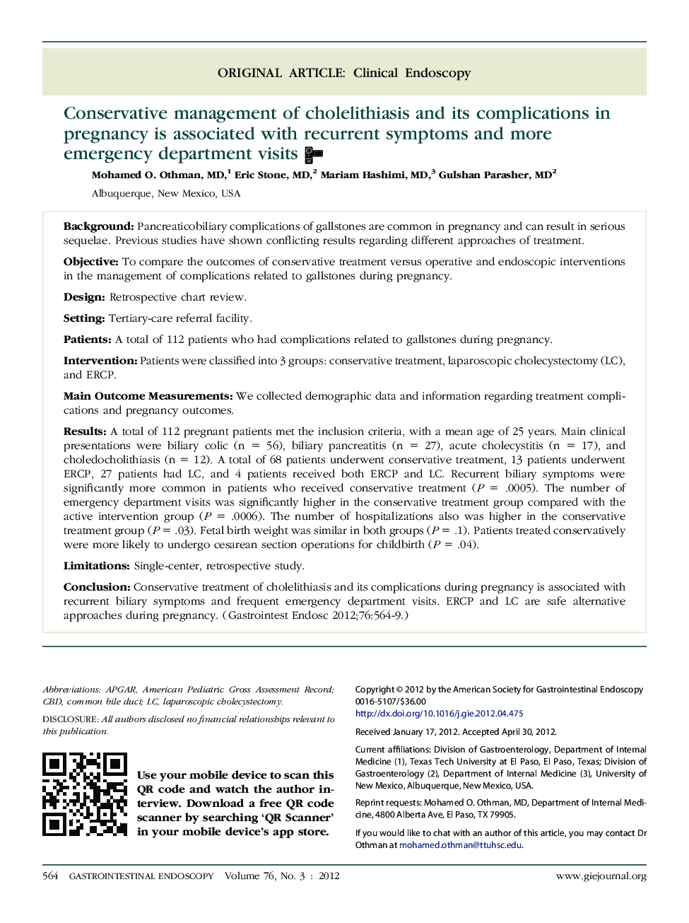 Conservative management of cholelithiasis and its complications in pregnancy is associated with recurrent symptoms and more emergency department visits 