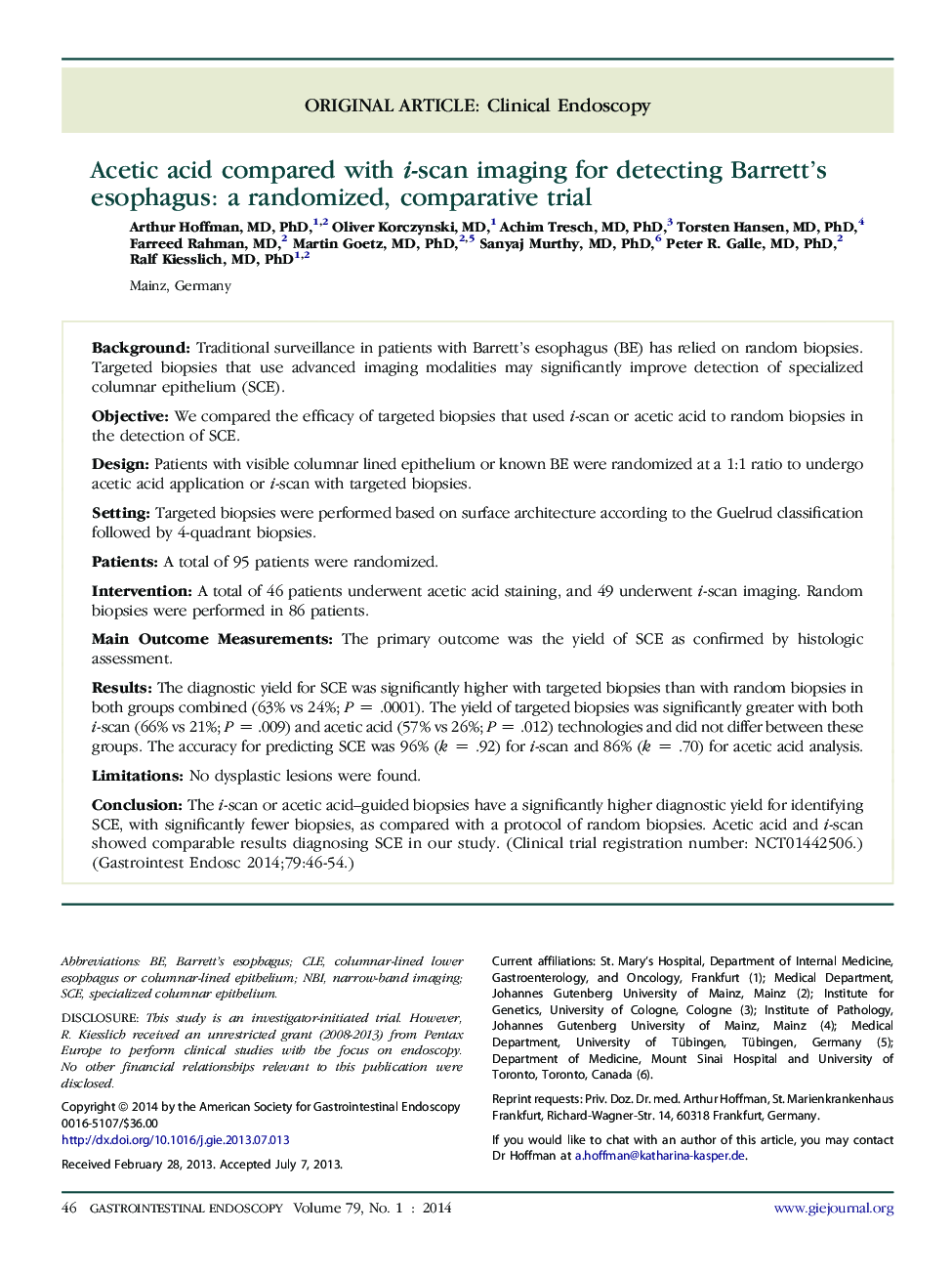 Acetic acid compared with i-scan imaging for detecting Barrett’s esophagus: a randomized, comparative trial 