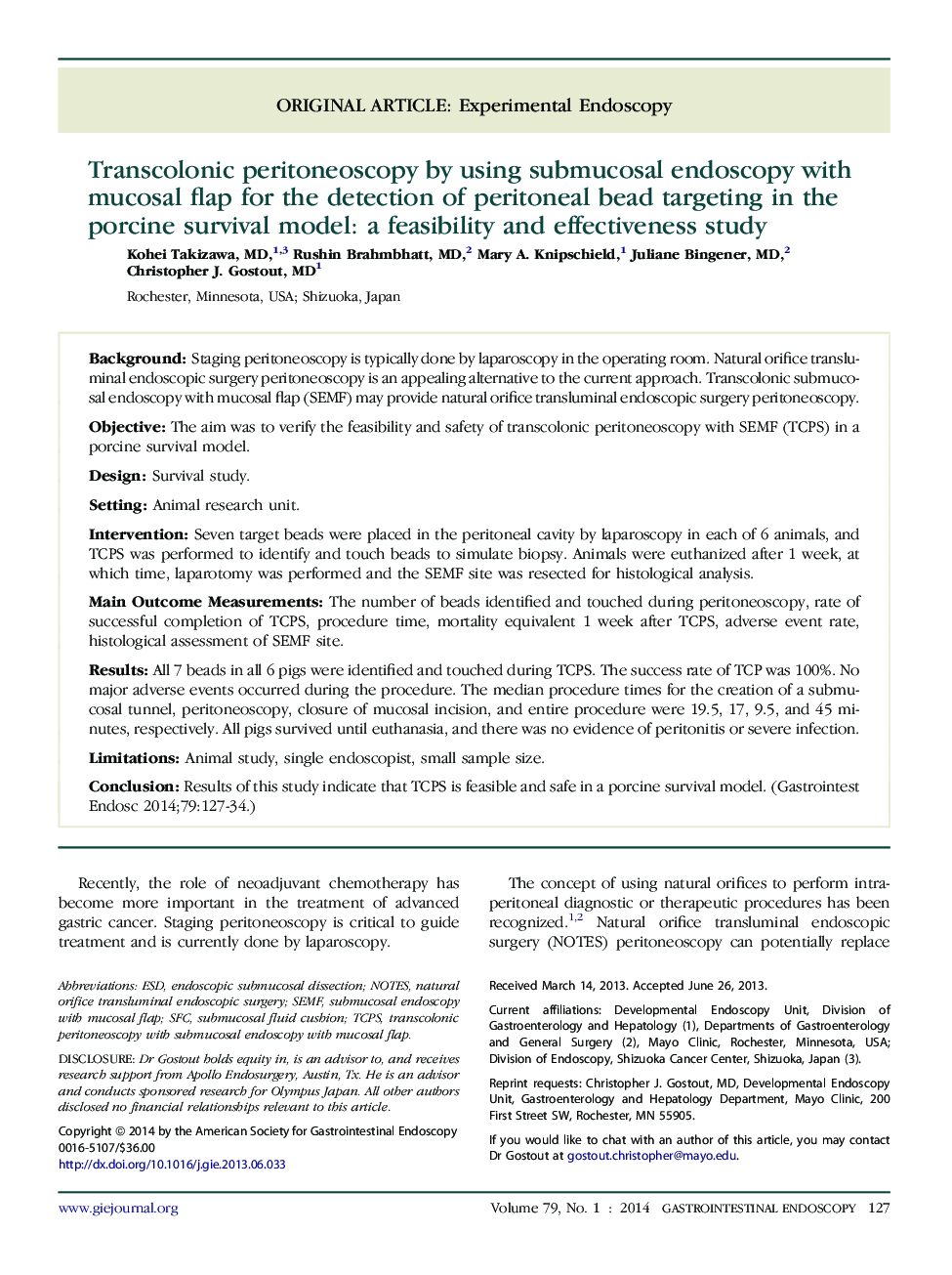 Transcolonic peritoneoscopy by using submucosal endoscopy with mucosal flap for the detection of peritoneal bead targeting in the porcine survival model: a feasibility and effectiveness study 