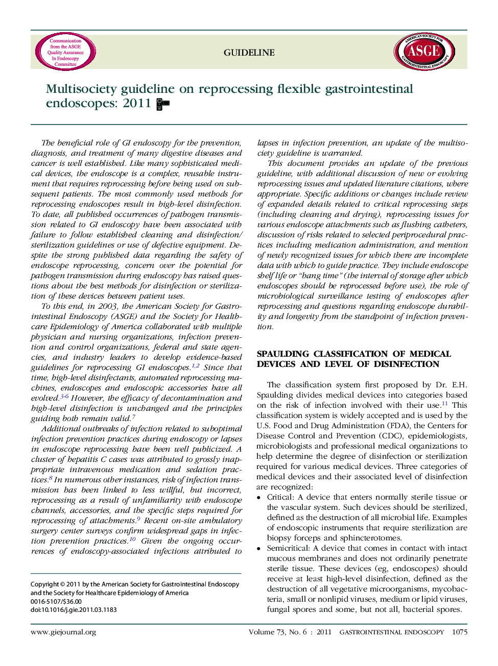 Multisociety guideline on reprocessing flexible gastrointestinal endoscopes: 2011