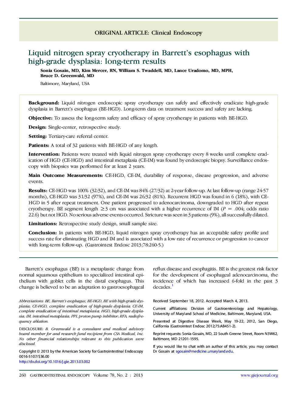 Liquid nitrogen spray cryotherapy in Barrett's esophagus with high-grade dysplasia: long-term results 