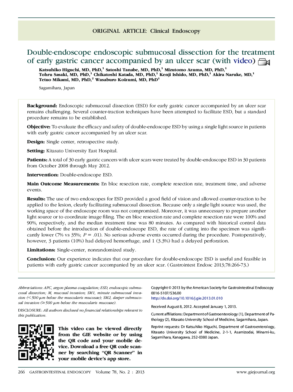 Double-endoscope endoscopic submucosal dissection for the treatment of early gastric cancer accompanied by an ulcer scar (with video) 