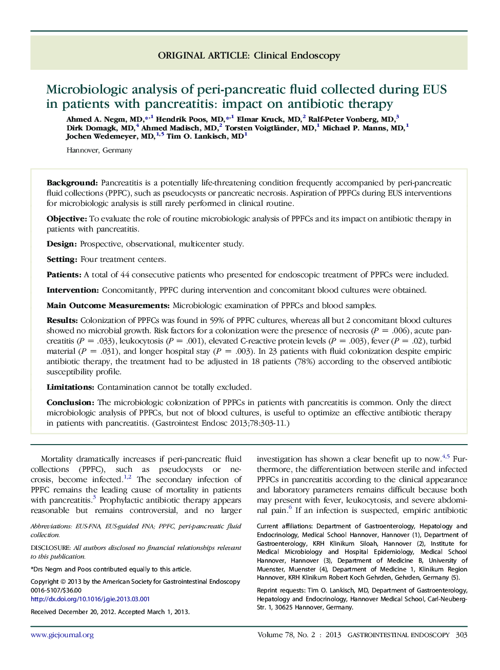 Microbiologic analysis of peri-pancreatic fluid collected during EUS in patients with pancreatitis: impact on antibiotic therapy 