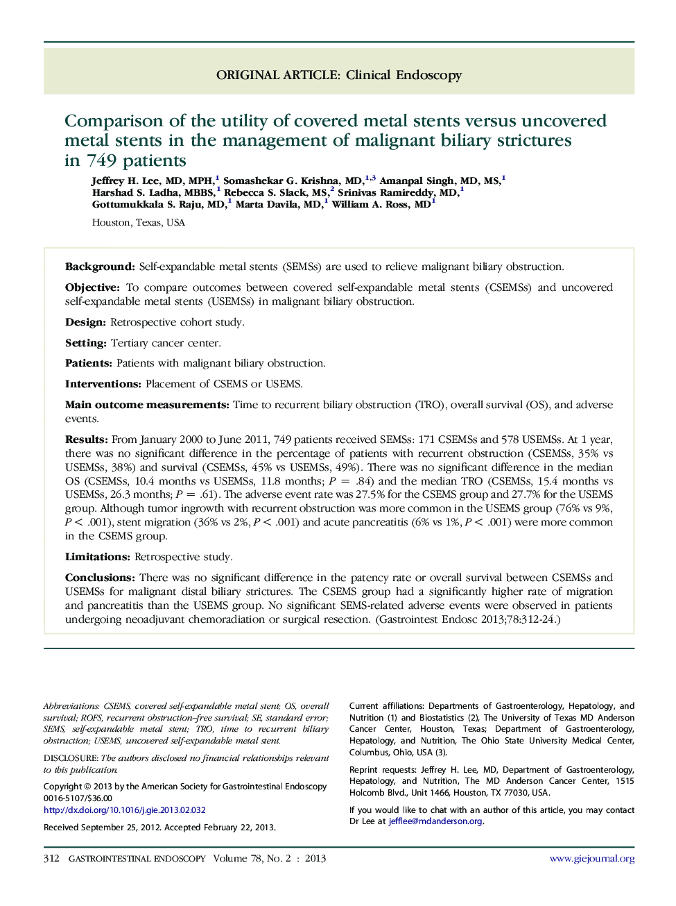 Comparison of the utility of covered metal stents versus uncovered metal stents in the management of malignant biliary strictures in 749 patients 