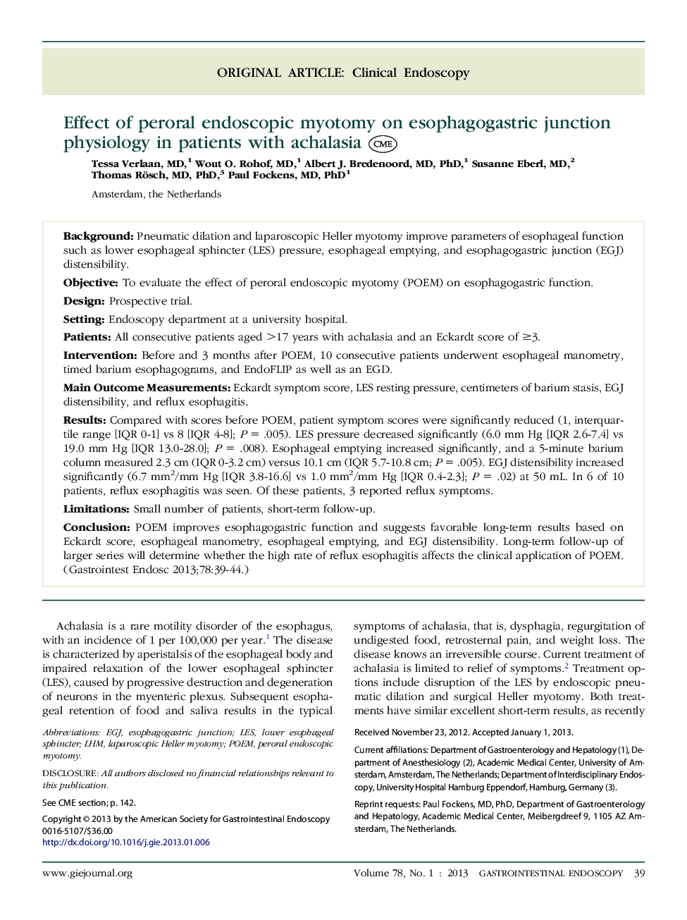 Effect of peroral endoscopic myotomy on esophagogastric junction physiology in patients with achalasia 