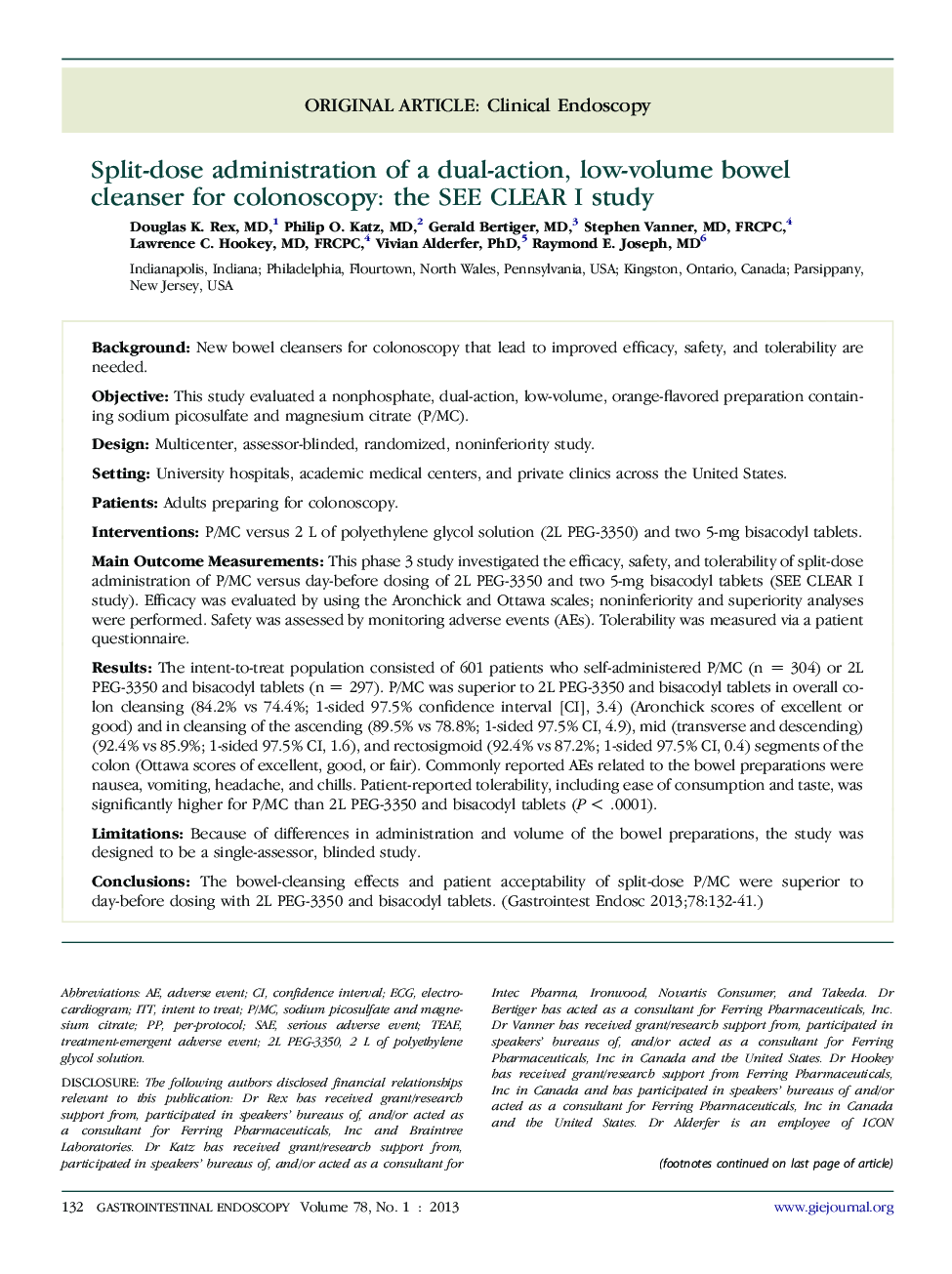 Split-dose administration of a dual-action, low-volume bowel cleanser for colonoscopy: the SEE CLEAR I study 