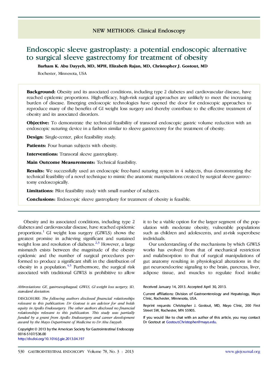 Endoscopic sleeve gastroplasty: a potential endoscopic alternative to surgical sleeve gastrectomy for treatment of obesity 