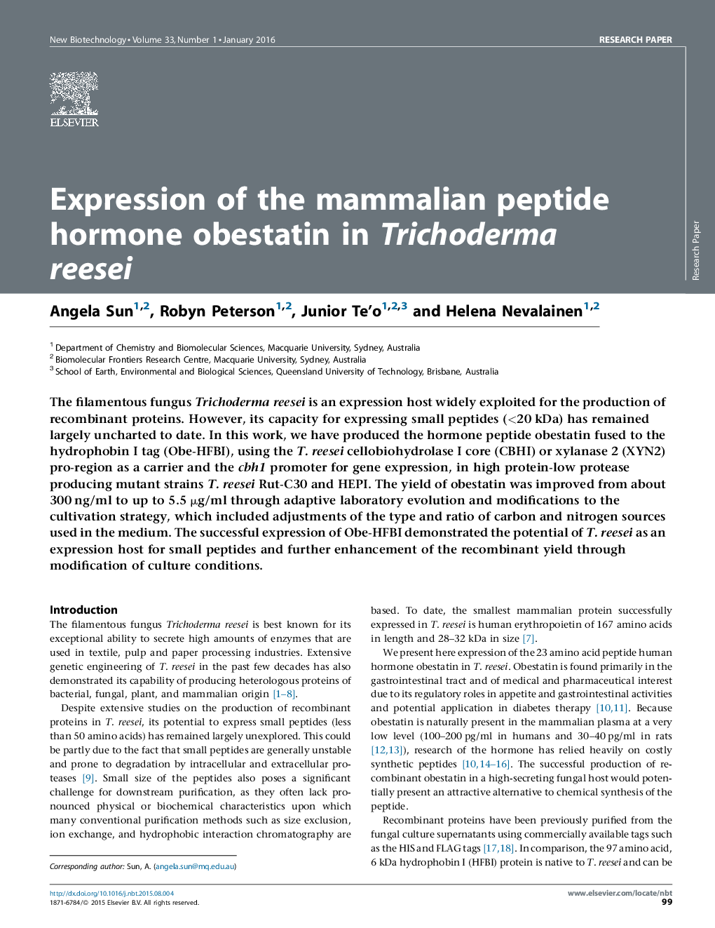 عکس صفحه اول مقاله: Expression of the mammalian peptide hormone obestatin in Trichoderma reesei Expression of the mammalian peptide hormone obestatin in Trichoderma reesei