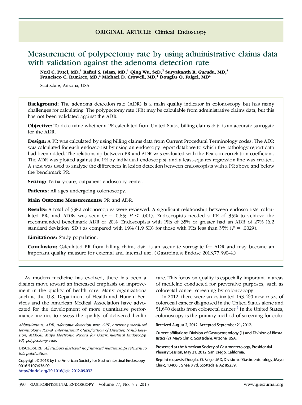 Measurement of polypectomy rate by using administrative claims data with validation against the adenoma detection rate 