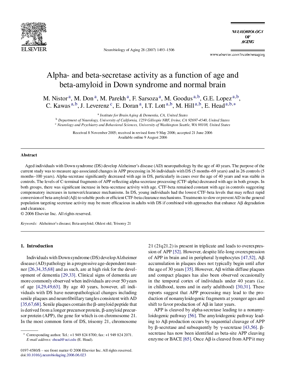 Alpha- and beta-secretase activity as a function of age and beta-amyloid in Down syndrome and normal brain