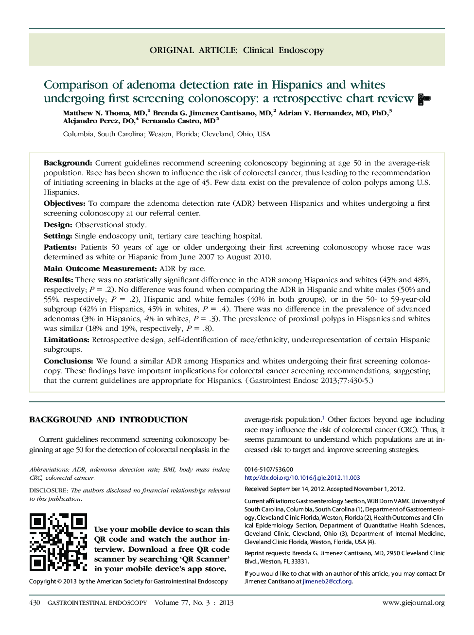 Comparison of adenoma detection rate in Hispanics and whites undergoing first screening colonoscopy: a retrospective chart review 