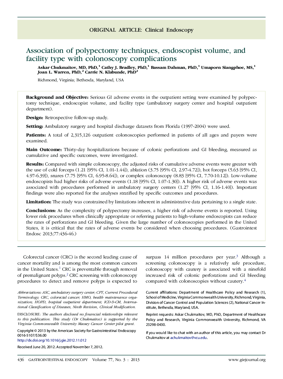 Association of polypectomy techniques, endoscopist volume, and facility type with colonoscopy complications 