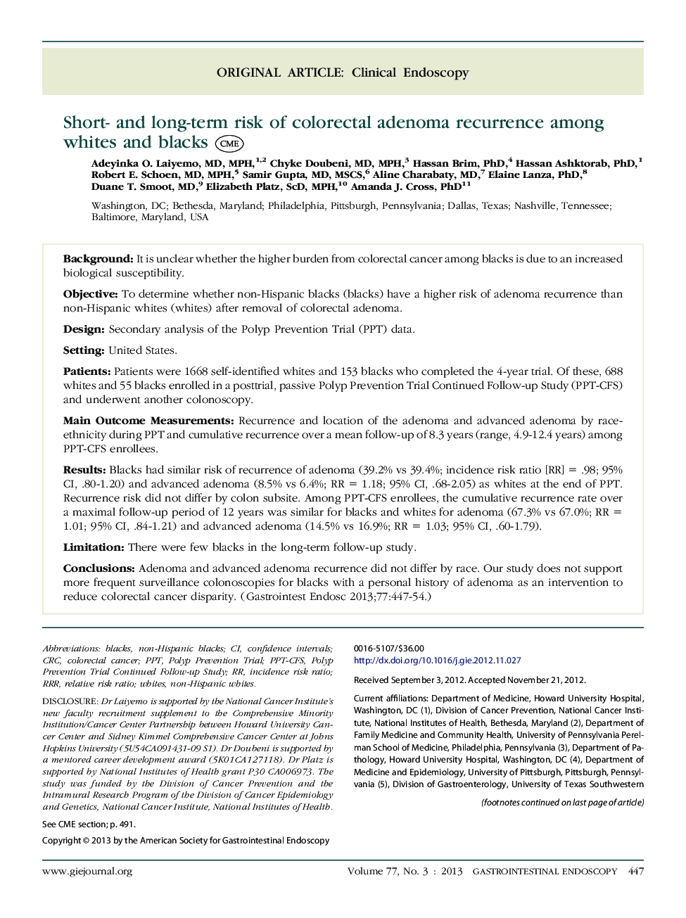 Short- and long-term risk of colorectal adenoma recurrence among whites and blacks 