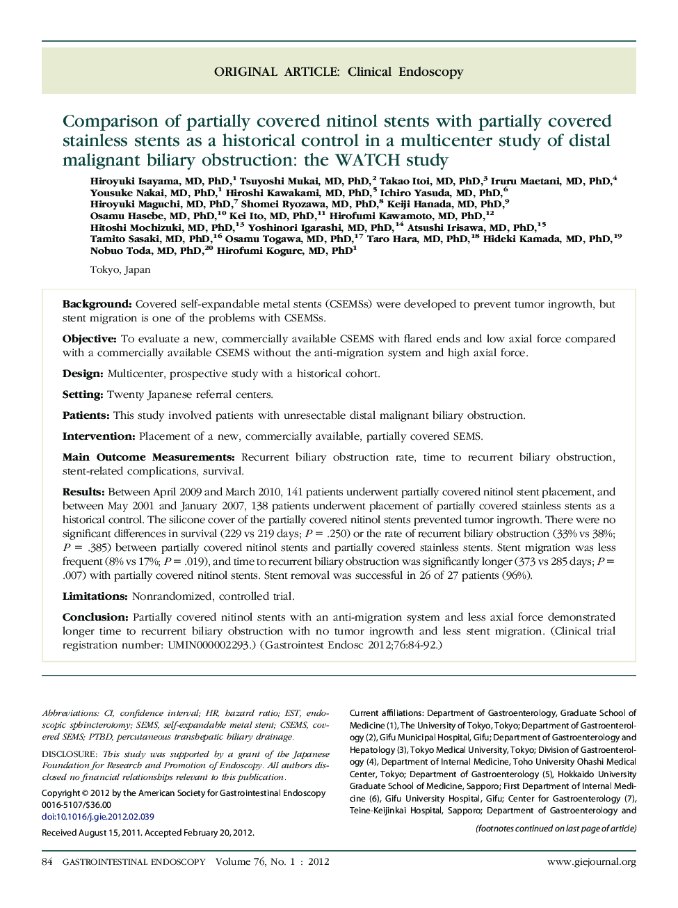 Comparison of partially covered nitinol stents with partially covered stainless stents as a historical control in a multicenter study of distal malignant biliary obstruction: the WATCH study 