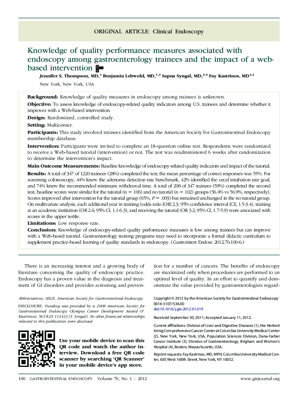Knowledge of quality performance measures associated with endoscopy among gastroenterology trainees and the impact of a web-based intervention