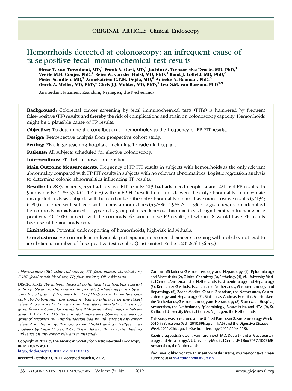 Hemorrhoids detected at colonoscopy: an infrequent cause of false-positive fecal immunochemical test results 