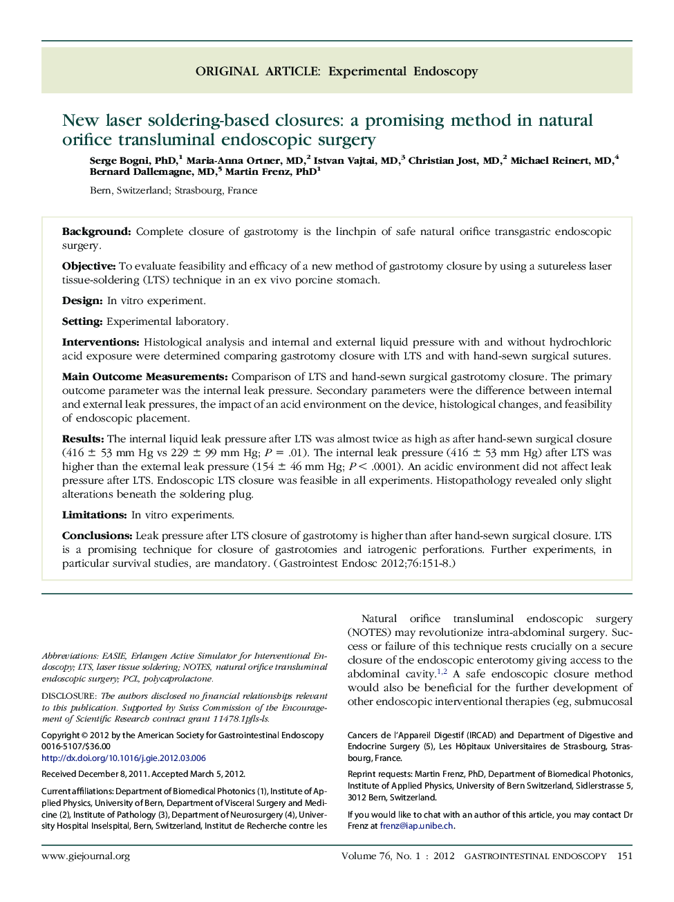 New laser soldering-based closures: a promising method in natural orifice transluminal endoscopic surgery 