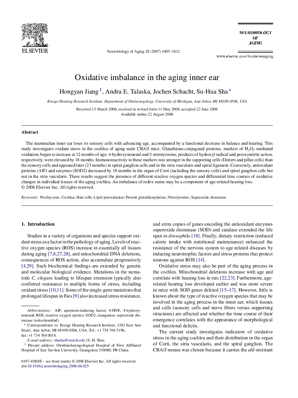 Oxidative imbalance in the aging inner ear