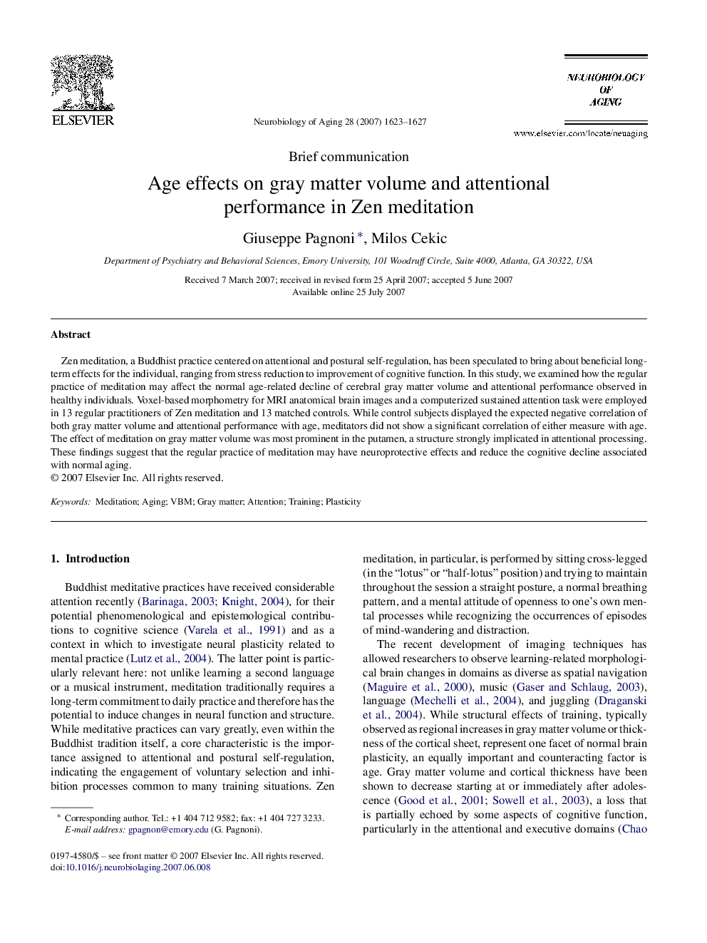 Age effects on gray matter volume and attentional performance in Zen meditation