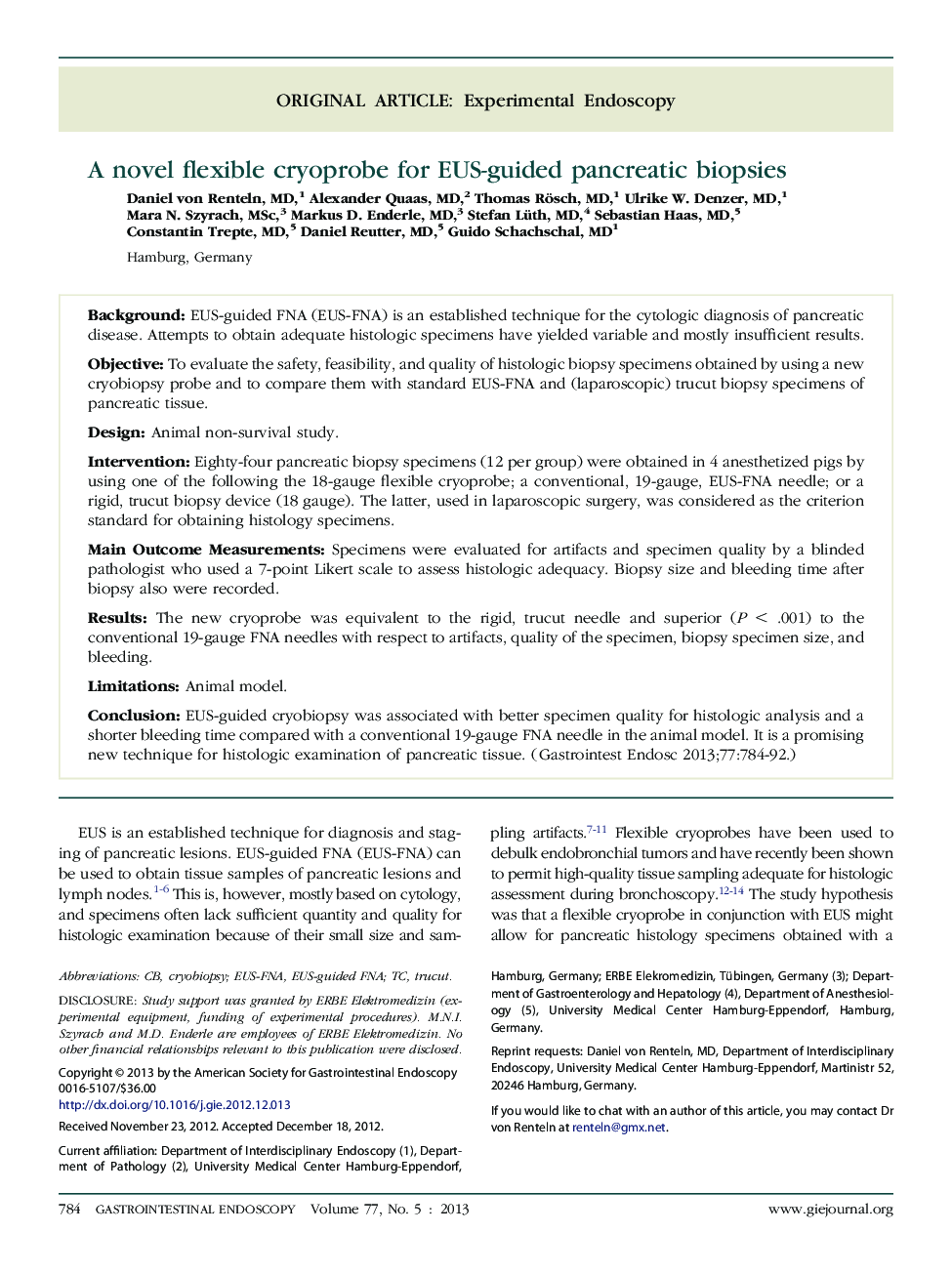 A novel flexible cryoprobe for EUS-guided pancreatic biopsies 