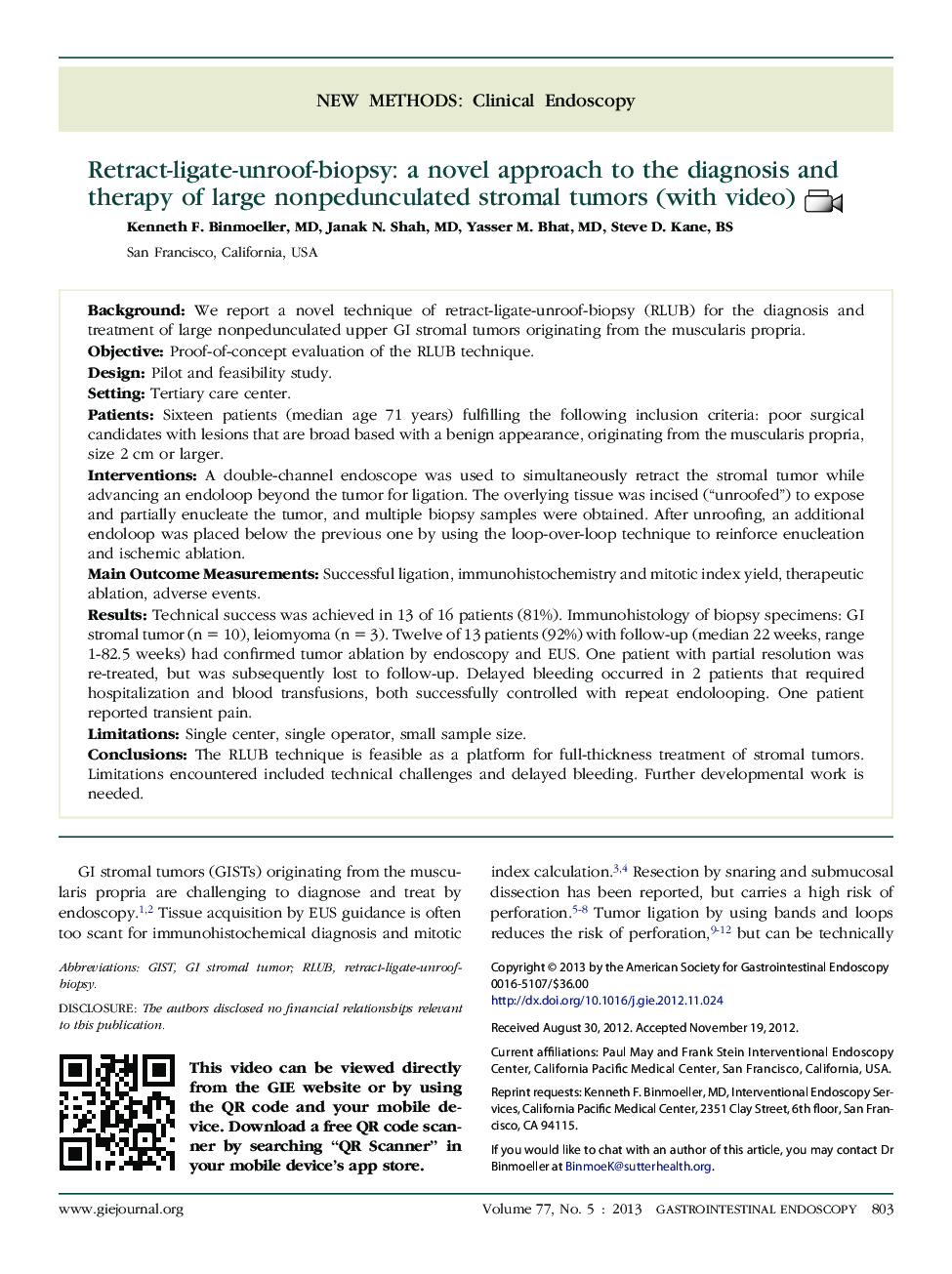 Retract-ligate-unroof-biopsy: a novel approach to the diagnosis and therapy of large nonpedunculated stromal tumors (with video) 