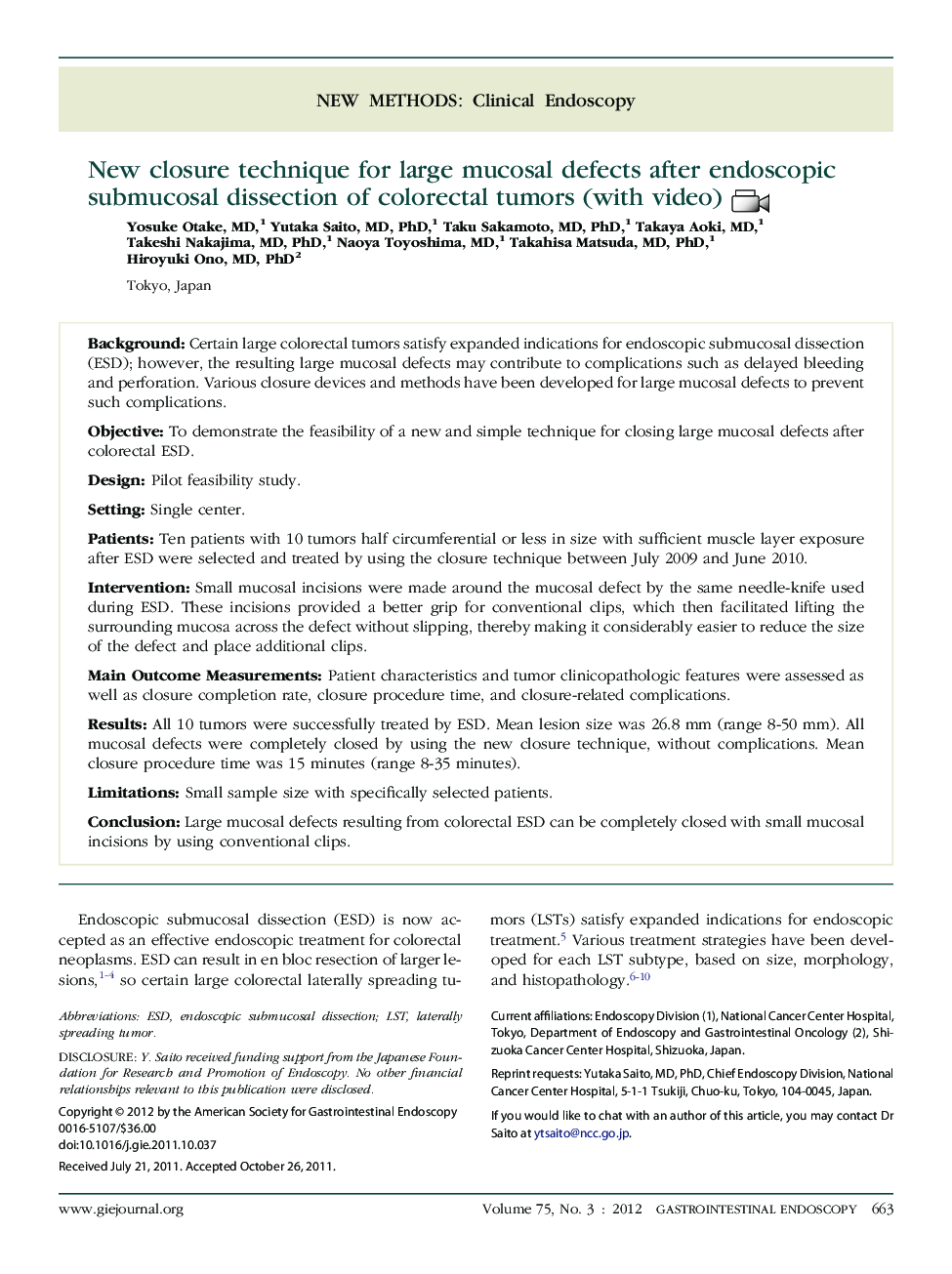 New closure technique for large mucosal defects after endoscopic submucosal dissection of colorectal tumors (with video) 