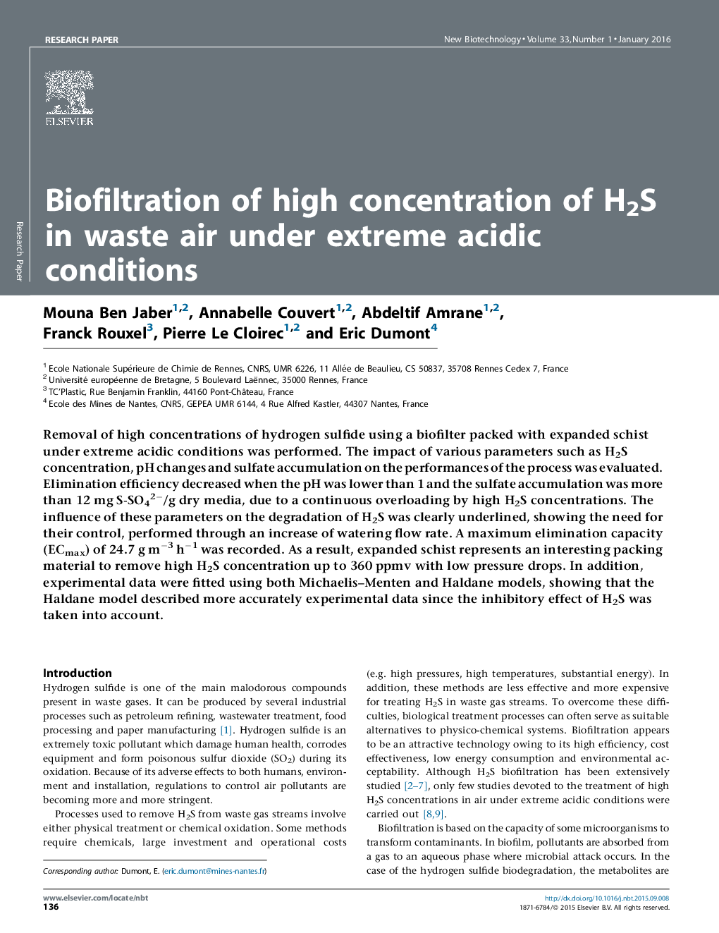 Biofiltration of high concentration of H2S in waste air under extreme acidic conditions
