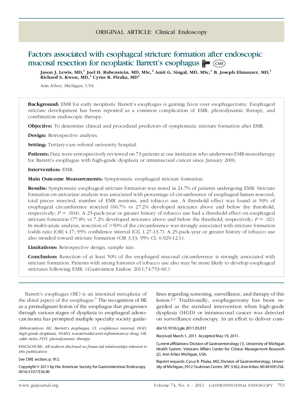 Factors associated with esophageal stricture formation after endoscopic mucosal resection for neoplastic Barrett's esophagus 