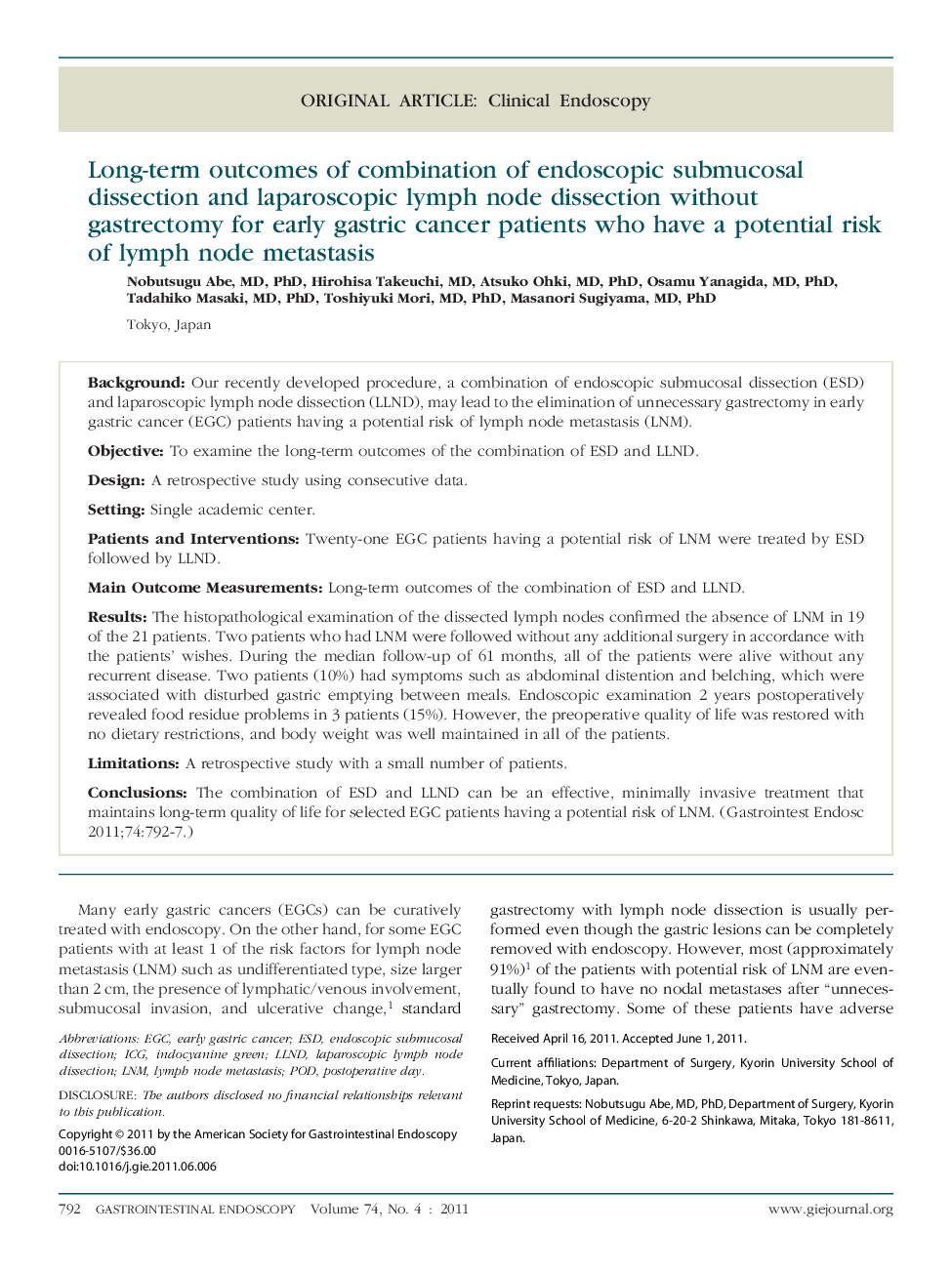 Long-term outcomes of combination of endoscopic submucosal dissection and laparoscopic lymph node dissection without gastrectomy for early gastric cancer patients who have a potential risk of lymph node metastasis 