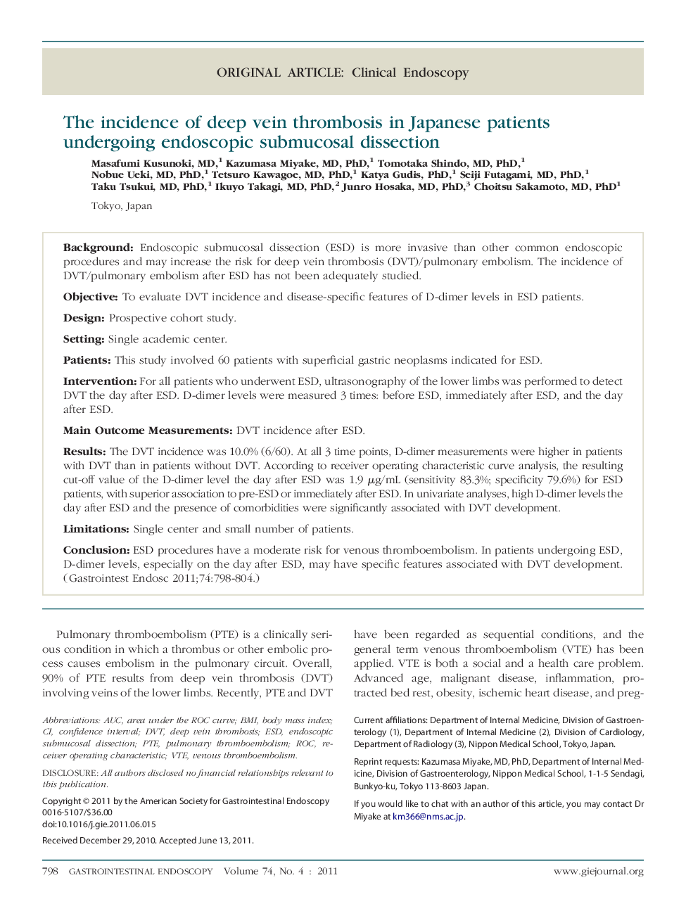 The incidence of deep vein thrombosis in Japanese patients undergoing endoscopic submucosal dissection 