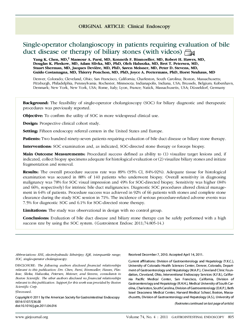 Single-operator cholangioscopy in patients requiring evaluation of bile duct disease or therapy of biliary stones (with videos) 