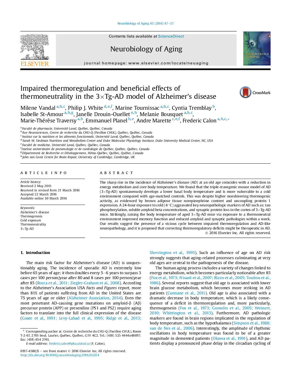 Impaired thermoregulation and beneficial effects of thermoneutrality in the 3×Tg-AD model of Alzheimer's disease