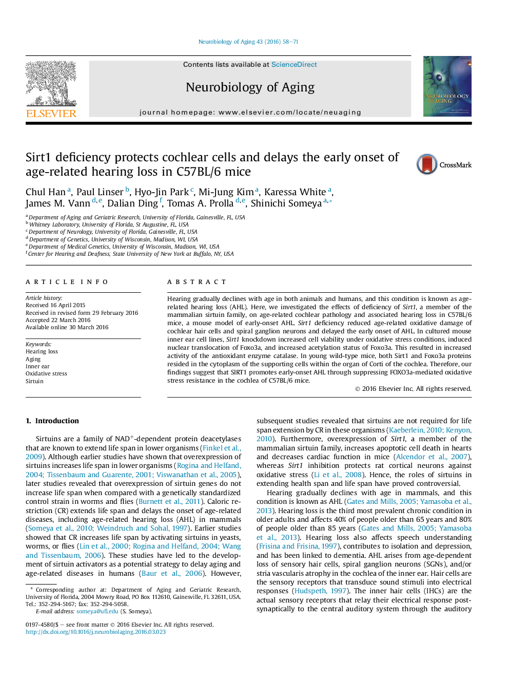 Sirt1 deficiency protects cochlear cells and delays the early onset of age-related hearing loss in C57BL/6 mice