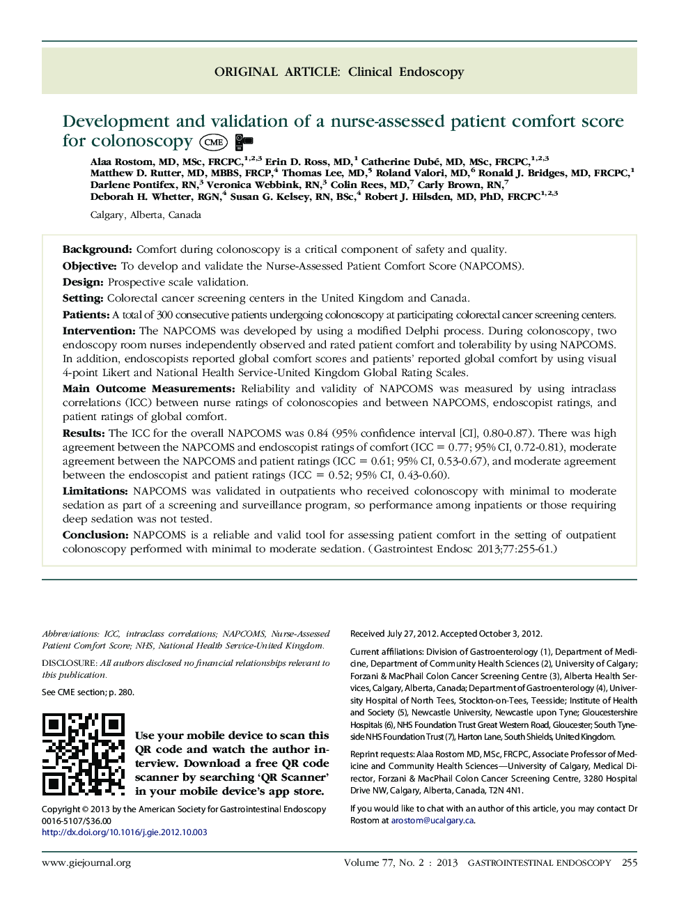 Development and validation of a nurse-assessed patient comfort score for colonoscopy 